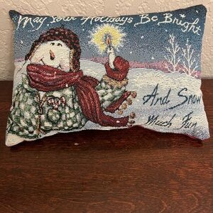 VTG Tapestry Christmas Throw Pillow “May Your Holidays Be Bright” Snow Man 12x8”